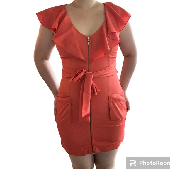 Vintage Y2K 2000s Bebe Coral Orange Ruffle Sleeve Zip-Up Mini Dress Tie Belt S/M - Picture 5 of 15